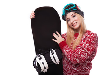 attractive young woman in red pullover and blue ski glasses hold snowboard