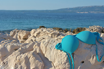 top bikini part lying on the rock by the sea