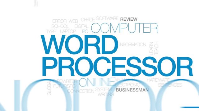 Word processor animated word cloud, text design animation. Kinetic typography.
