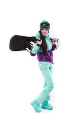 young pretty woman in purple ski costume and ski glasses hold snowboard