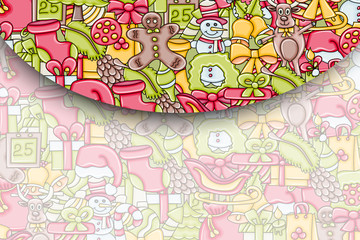 Obraz premium Christmas background with space for text. For a greeting card, flyer, or brochure. Hand drawn cartoon style doodle vector illustration.