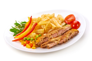 Wiener schnitzel with potatoes fries, isolated on white background