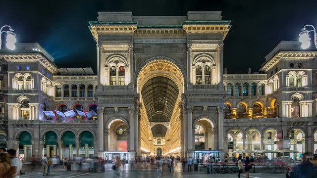 Night view of Vittorio Emanuele II Gallery timelapse in Milan, Italy