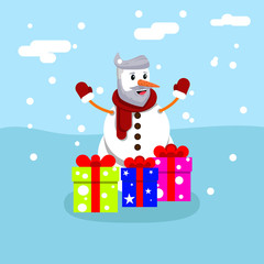 hipster snowman with gifts vector illustration