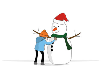 kid in sweater making snowman vector winter concept