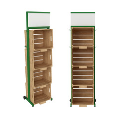 Stand made of metal with wooden drawers isolated on white background, 3D rendering