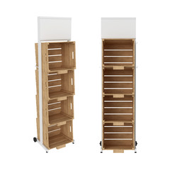 Stand made of metal with wooden drawers isolated on white background, 3D rendering