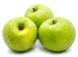 Group of three whole green apples Granny Smith isolated on white background 