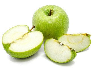 One whole apple Granny Smith, three slices and one half, isolated on white background 
