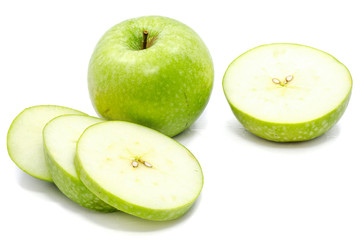 Sliced Granny Smith apples, one whole apple, one half and circles, isolated on white background
