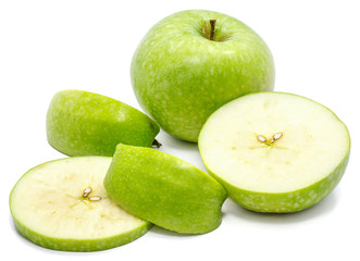 Sliced Granny Smith, one whole apple, circles and slices, isolated on white background