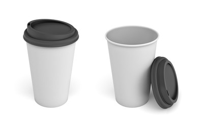 3d rendering of two white paper coffee cups with black lids, one closed and one open and leaning on the cup