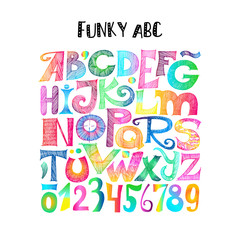Funky ABC. Hand drawn sketchy letters and numerals with gradient. Retro style.