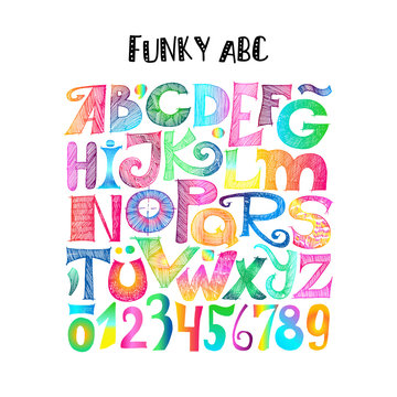 Funky ABC. Hand Drawn Sketchy Letters And Numerals With Gradient. Retro Style.