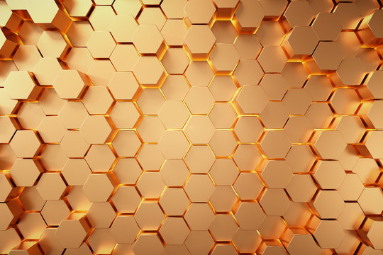 Golden hexagonal honeycomb background,3d background,Abstract 3d rendering of gold surface.