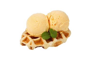 Belgian waffle topped with ice cream