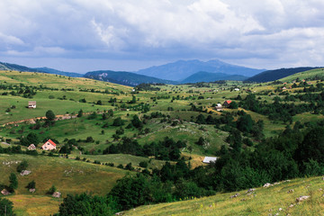 Fototapeta na wymiar Fields, meadows, mountains, roads. Balkans. An aerial top-view