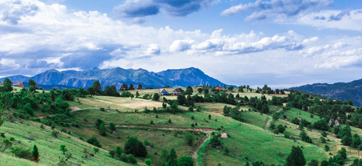 Fields, meadows, mountains, roads. Balkans. An aerial top-view