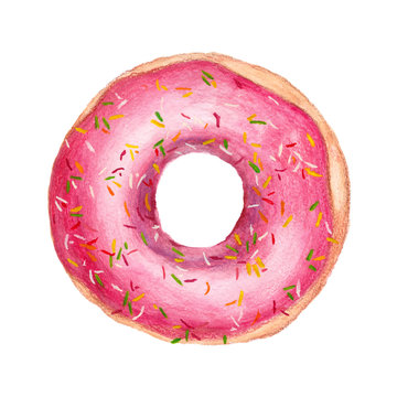 Watercolor pink donut. Sweet dessert with strawberry filling. Isolated on white background