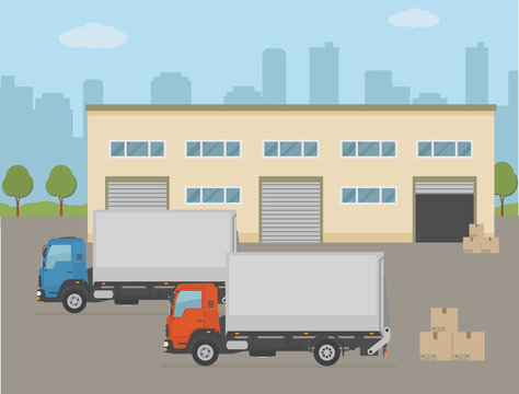 Warehouse building and two trucks on city background. Flat style vector illustration.
