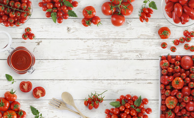 tomatoes top view on kitchen white wooden table copy space template