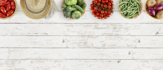 vegetables top view on kitchen white large table, web banner copy space template