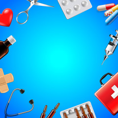 medical objects on blue background top view