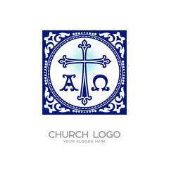Obraz premium Church logo. Christian symbols. Cross of Jesus, symbols - alpha and omega