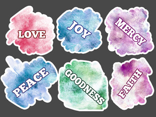 Watercolor spot. Set of colors texture blots - Collection stickers with words - Love, peace, joy, mercy, goodness, faith