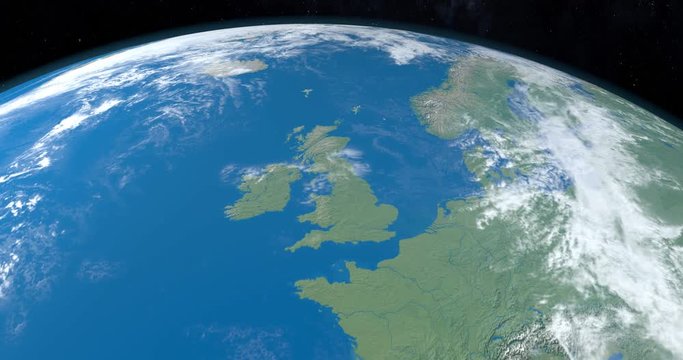 Animation of British Islands, Great Britain, Ireland, isle of Man, Shetland Islands, Outer Hebrides, Orkeney Islands, Wight Island, Anglesey, in planet earth, view from outer space