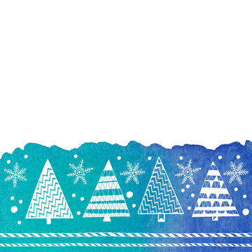 Festive illustration  with Christmas trees and snowflakes on a  turquoise-blue watercolor background. Vector background can be greeting cards, invitations, and design element.