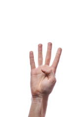 Naklejka premium The man's hand shows a figure of four on his fingers. Male hand on white background in a photo studio. The guy counts to four on his fingers. The thumb is bent.