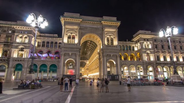 Night view of Vittorio Emanuele II Gallery timelapse hyperlapse in Milan, Italy