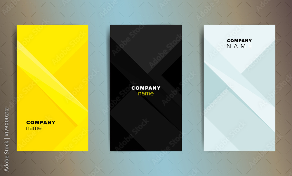 Poster set of three color vertical abstract business cards with graphic elements and text.