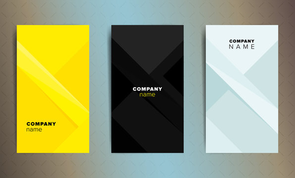 Set of three color vertical abstract business cards with graphic elements and text.