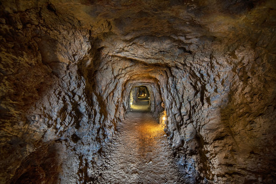 Tunnel interior in the famous mines of la Union in Murcia, Spain.