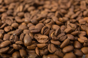 clouseup image of dark aromatic coffee beans  ,  shallow depth of field.