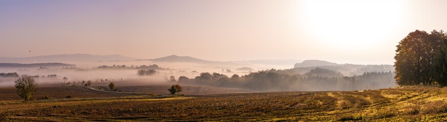 Panoramatic foggy autumn morning in Bohemian Paradise - obrazy, fototapety, plakaty