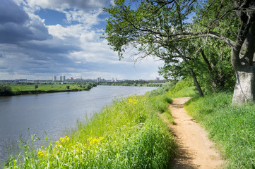 Fototapeta na wymiar Walking path along the Moscow river. Blue sky and green grass