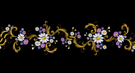 Realistic vector embroidery fashion seamless border. Flower daisy golden leaves vintage victorian design. Stitch texture floral arrangement clothes decoration illustration