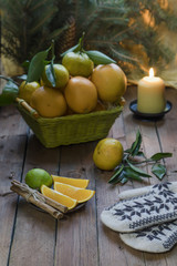 New Year's fruits in the basket. Oranges and tangerines for the festive table.