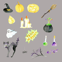Halloween watercolor clip art, spooky, creepy, holiday, party, celebration, witch hat, pumpkin, broomstick, ghost, candle, pot, poison, cat, leaves, branches.