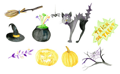 Halloween watercolor clip art, spooky, creepy, holiday, party, celebration, witch hat, pumpkin, broomstick, ghost, candle, pot, poison, cat, leaves, branches.
