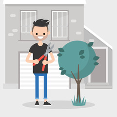 Young character cutting a bush with a pruner. Gardening. Seasonal work in a garden / flat editable vector illustration