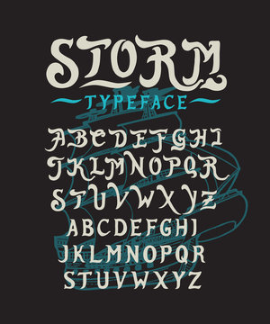 Font Storm. Hand crafted stylized retro vintage typeface design. Original handmade lettering type alphabet on navy background. Authentic handwritten font, vector set letters. Art script logo, label.