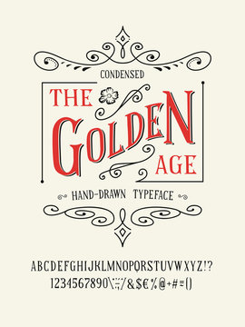 THE GOLDEN AGE FONT. Old retro typeface design. Hand made type alphabet. Authentic letters, numbers, punctuation. Script art for fashion apparel t shirt print graphic vintage vector badge label logo
