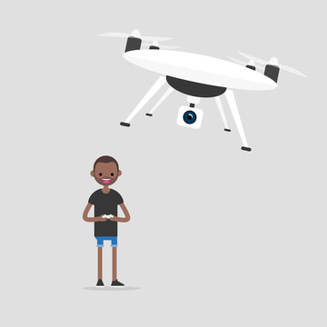 New technologies. Young black character controlling a drone with a remote controller / flat editable vector illustration, clip art