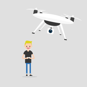 New technologies. Young character controlling a drone with a remote controller / flat editable vector illustration, clip art