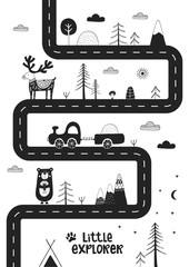 Little explorer - Cute hand drawn nursery poster with road, wild animals and car. Monochrome vector illustration. - obrazy, fototapety, plakaty