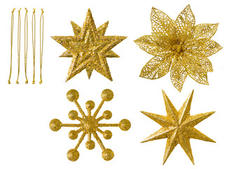 Star Hanging Christmas Decoration, New Year  Stars, Sparkling Golden Toys with Thread Isolated on...